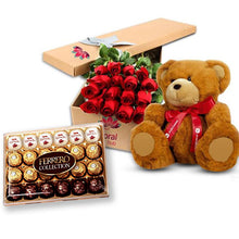 Load image into Gallery viewer, 12 Red Roses Box, Teddy & Chocolate