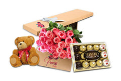 12 Pink Roses Box, Teddy & Chocolate