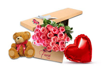 Load image into Gallery viewer, 12 Pink Roses Box Teddy &amp; Heart Balloon
